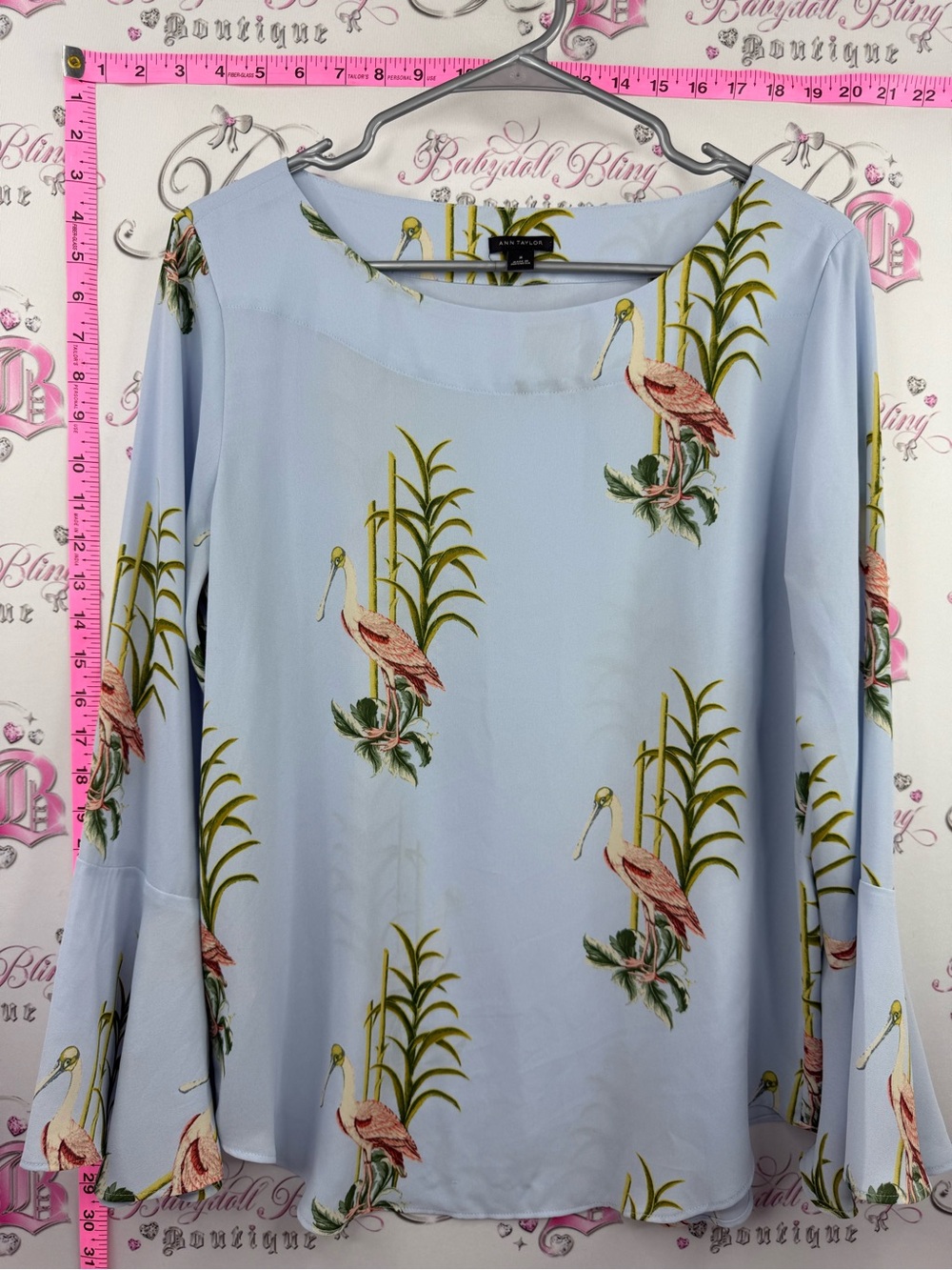 Ann Taylor shirt Light Blue Blouse with Pink Flamingo Green Bamboo Print flow